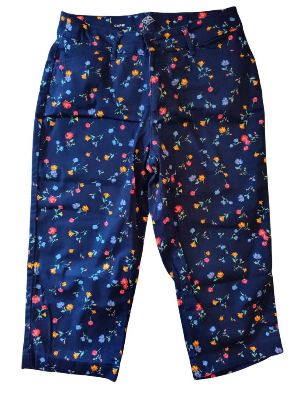 St. Johns Bay Womens Floral Capri Pants Size 6 Navy Cotton/Spandex Blend